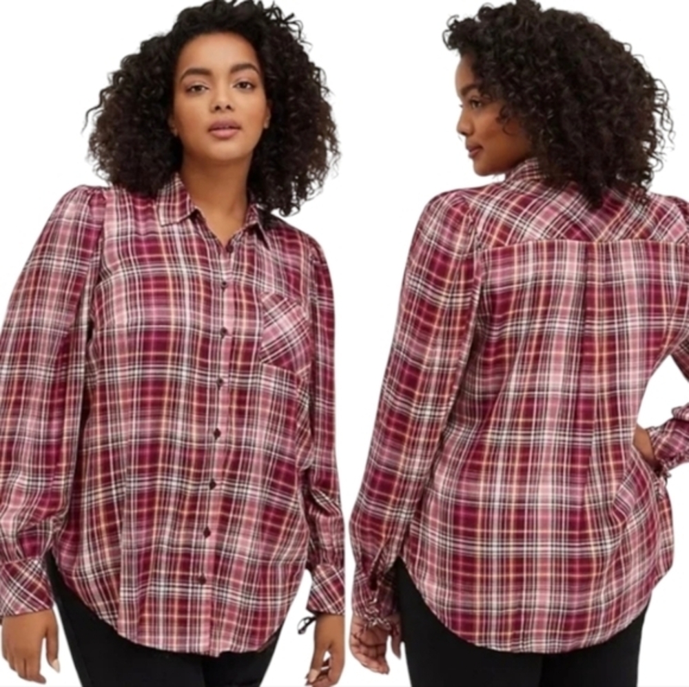 Torrid Red PINK Plaid Button-Up Women's Lantern Sleeve Top Shirt Plus Size 2X